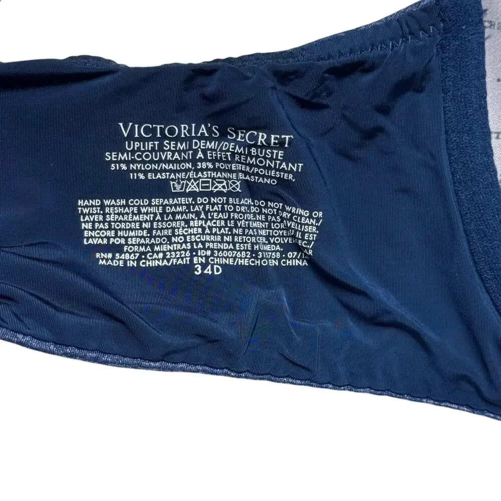 Victoria's Secret Uplift Semi Demi Back Close Convertible Underwire Bra Blue 34D